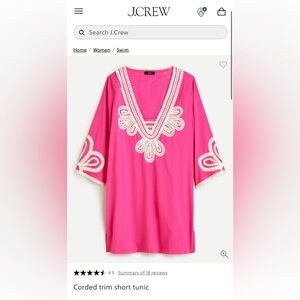J. Crew Hot Pink Corded Trim V-Neck Short Tunic with Cream Crochet Trim XS